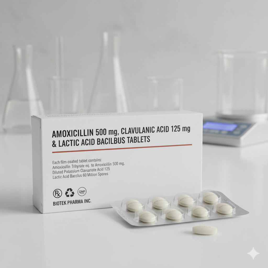 Amoxycicillin 500 mg, clavulanic acid 125 mg and Lactic Acid Bacillus